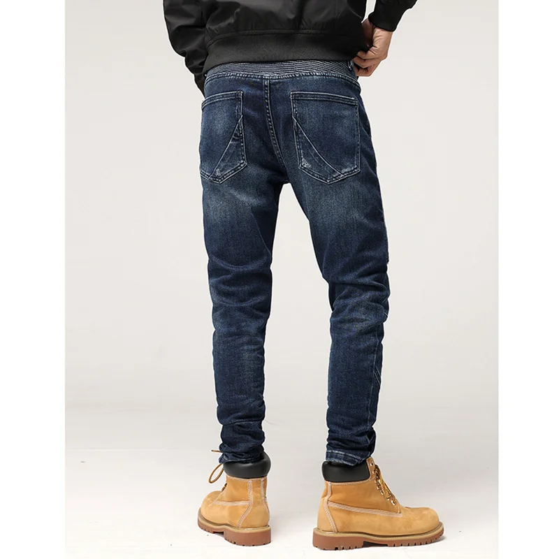 Streetwear Men Autumn and Winter New Pattern Splicing Self-cultivation Elastic Force Blue Pencil Pants Recreational Jeans Female
