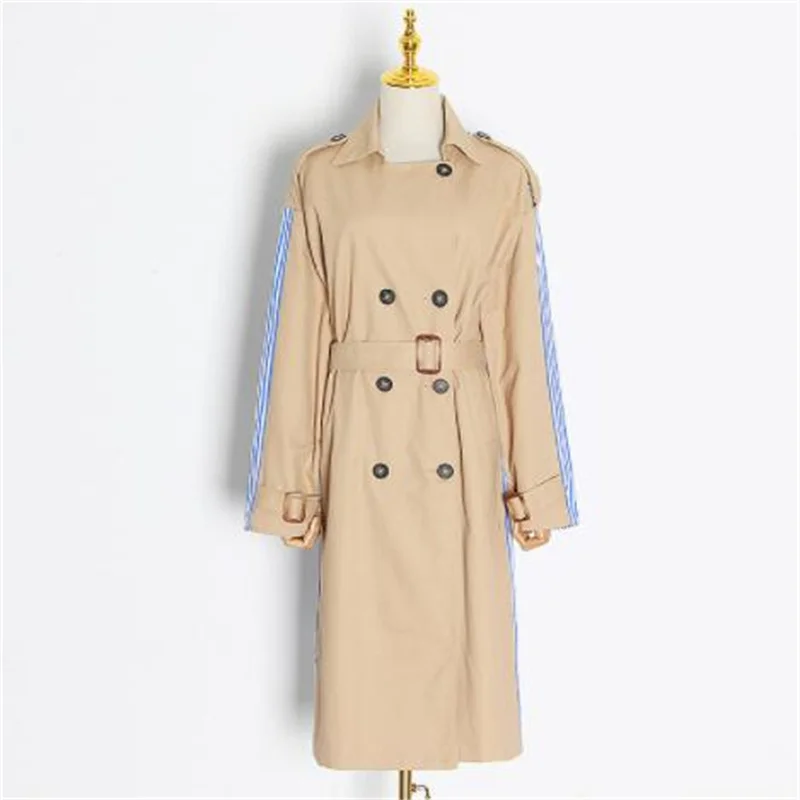 Striped women's trench coat fashion casual contrasting color spring lapel long-sleeved clothes gabardina mujer black khaki