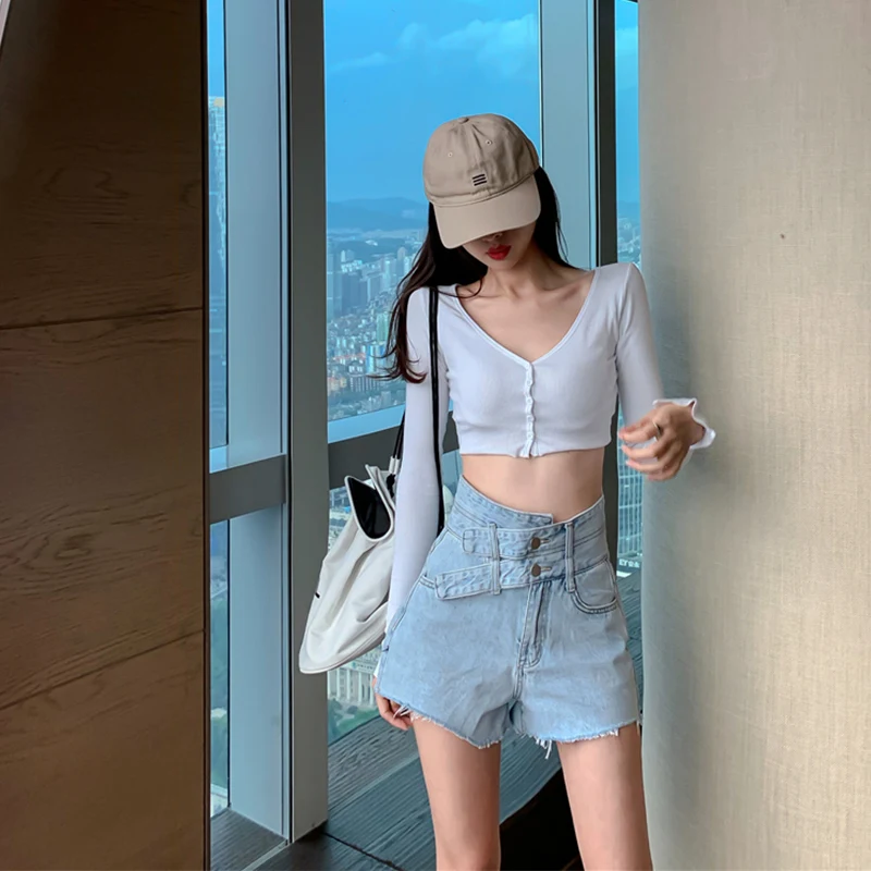 Women 2021 Newest Summer Korean Style Fashion High Waist Shorts Female Patchwork Denim Plus Size Shorts Personality Streetwear