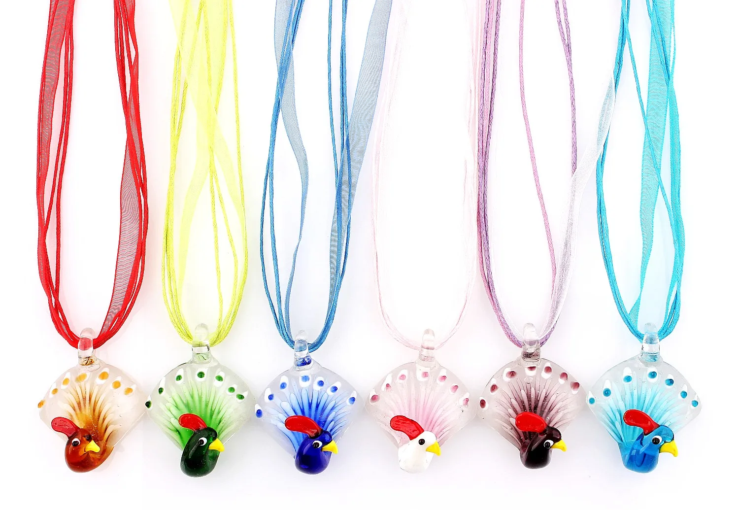 

Wholesale 6Pcs Necklaces Handmade Murano Lampwork Glass Mixed Color Peacock Flower Inside Pendants Charms Cords Necklaces