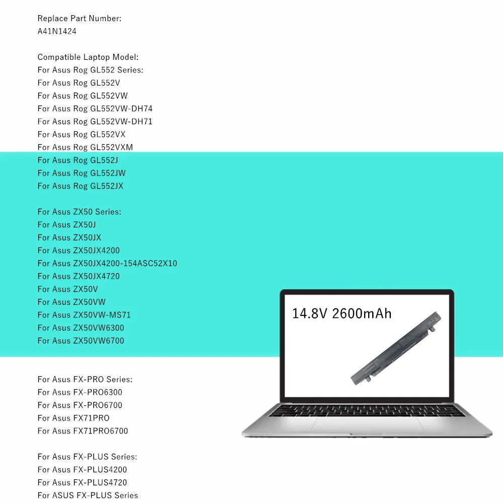 A41N1424 Аккумулятор для ноутбука Asus Rog GL552 GL552V GL552J ZX50 ZX50J ZX50V FX-PRO FX-PLUS ZX50VW (art.: 3920ccf0dfbe6) - 3920ccf0dfbe6