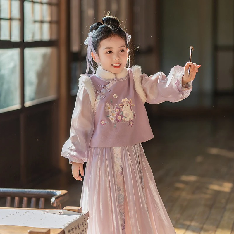 

Зимний костюм Hanfu для девочек в китайском стиле, костюм для маленьких девочек с бархатной подкладкой, новинка 2023 года, костюм Тан