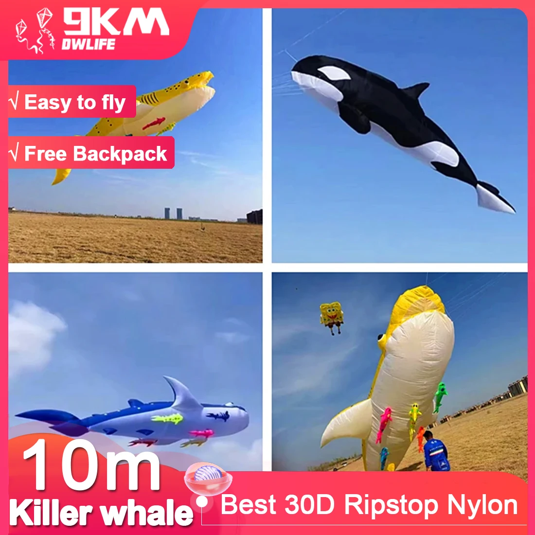 9 км 12 м Killer Whale Kite Line Подвеска для стирки Мягкий надувной воздушный змей фестиваля