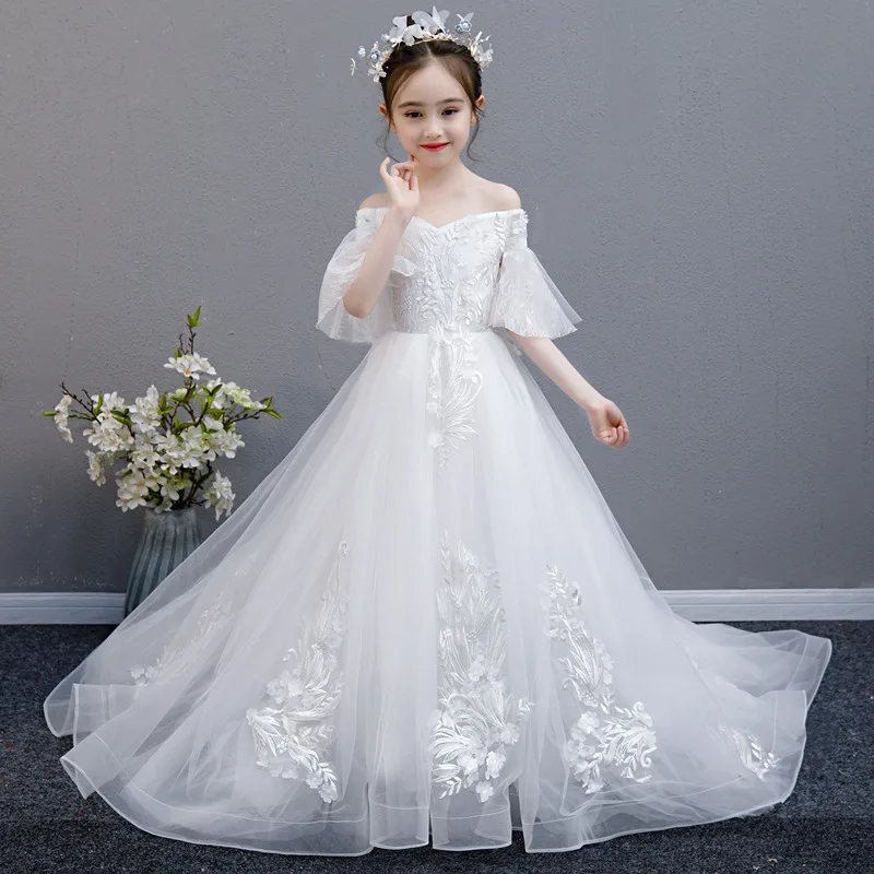 

Children'S Wedding Dress White Big Tail 2022 New Little Girl Catwalk Piano Performance Dress Elegant Girl Princess Dress