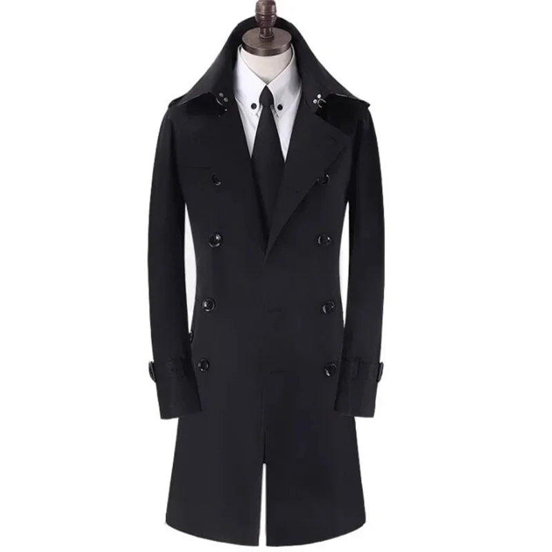 

Тренчкот мужской длинный, двубортный модный синий тренчкот средней длины для молодых людей, цвет черный/хаки, весна-осень в Корейском стиле