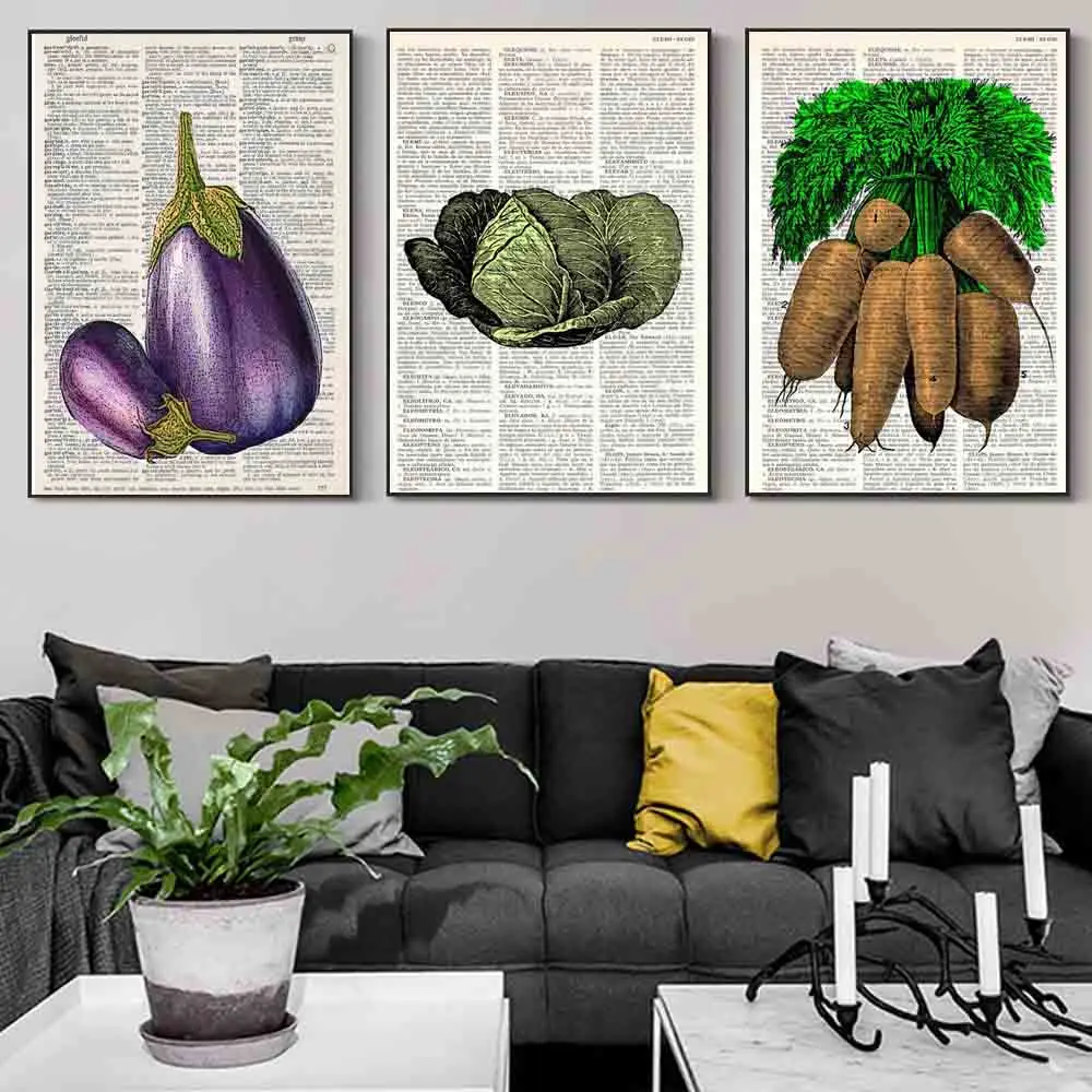 

Retro art plant canvas painting dictionary vegetable eggplant radish wall art poster office living room home decoration mural