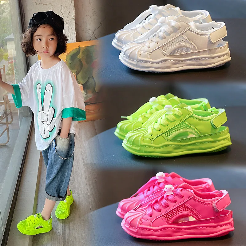 

Pink Sneakers for Girls Summer Breathable Hollow Sport Sandals New 2022 Non-slip Thick Bottom Hook & Loop Kids Fashion Boy Solid