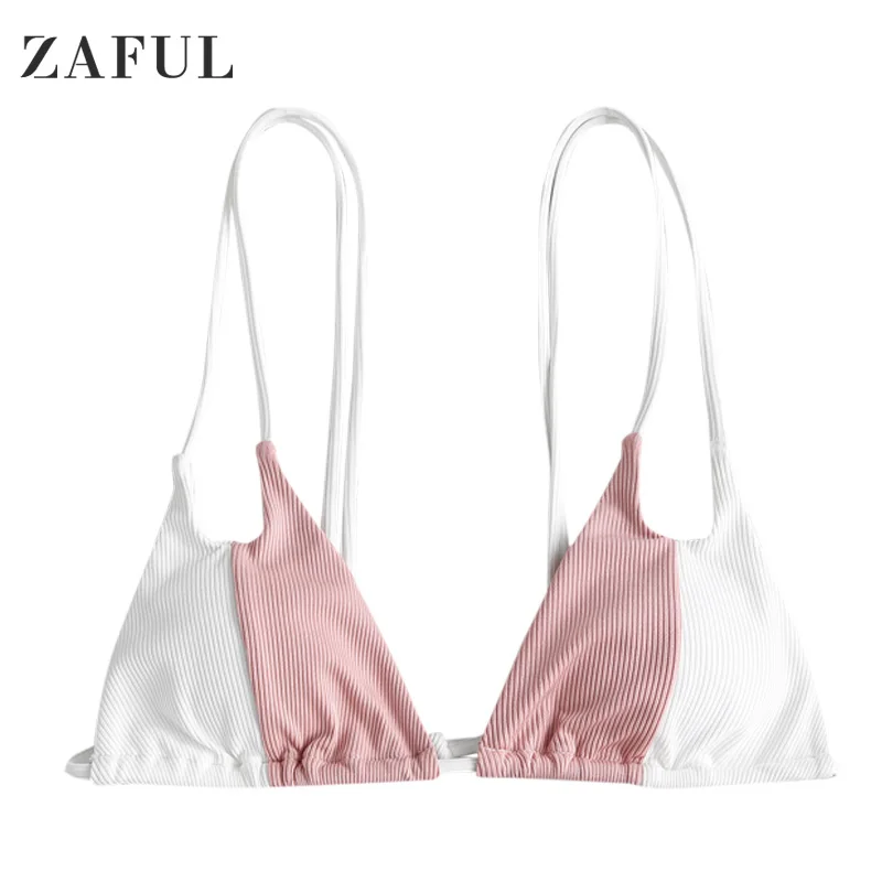 

ZAFUL Ribbed Colorblock Dual Strap Bikini Top Women Padded Bikini Bra Swim Top