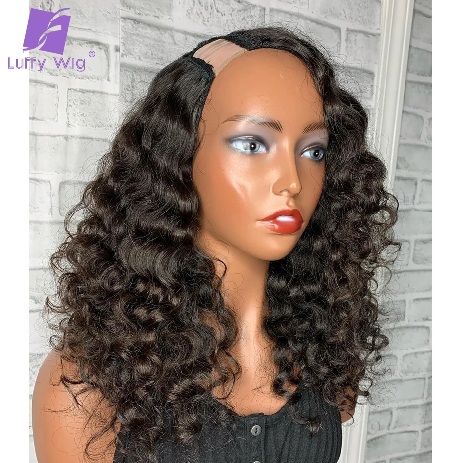 

Свободные Вьющиеся парики из человеческих волос с V-образным вырезом, бразильские парики без следов, 180 плотность, U-образные парики для черных женщин LUFFY