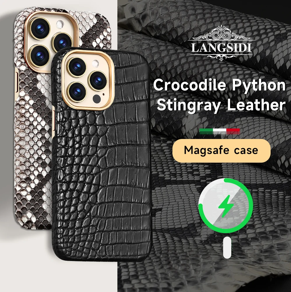 

Genuine Crocodile Stingray Python Ostrich Skin Leather for Magsafe Case for iPhone 14 Pro Max 13 12 Magnetic Wireless Back Cover