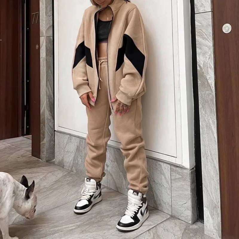 

2022 Casual Long Sleeve Sweatpants Outfits Fashion Zipper Coat and Sport Pants Set Women Elegant Patchwork Loose Two Piece Suits