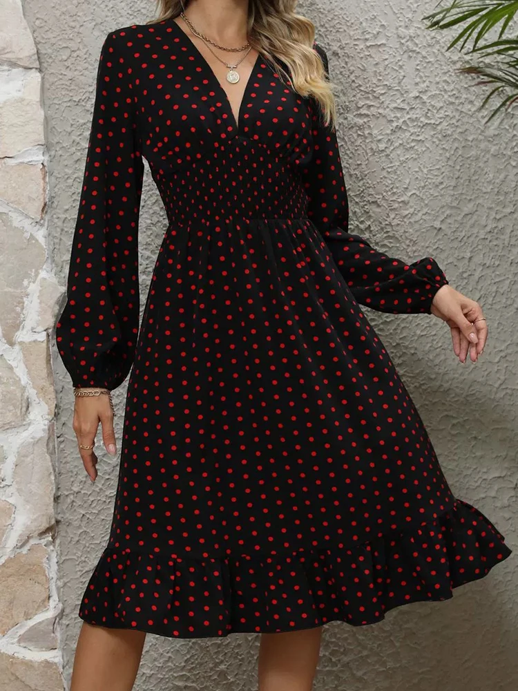 

Платье-миди женское с длинным рукавом, V-образным вырезом и оборками