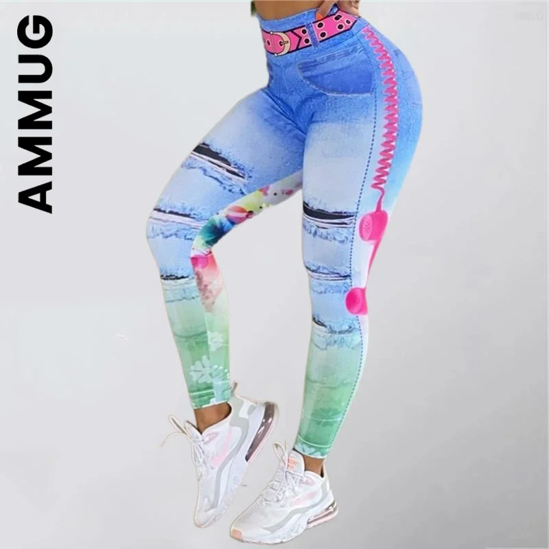 

Slim Pants Denim Telephone 3D Print Women Pants Push Up Running Sports Leggings Female Casual Trousers Fitness Legging