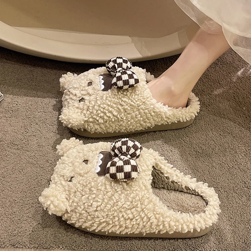 

Butterfly-Knot Med Slippers Casual Shoes Woman 2022 Pantofle Flock Fur Flip Flops Cover Toe Luxury New Plush Massage Flat Butter
