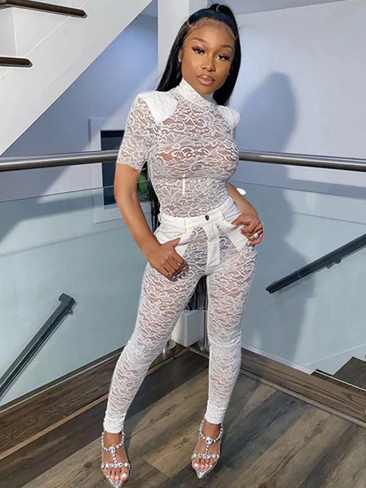 

hirigin Sexy Lece Transparent Women Two Piece Sets Mesh Fashion Hot Long Sleeve Outfits Skinny Party Solid Top And Pants Set