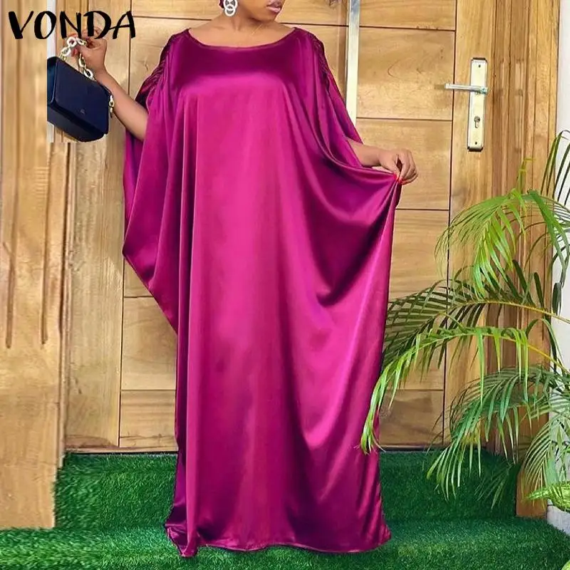 

Атласное Платье Slik 2022, женские повседневные плиссированные платья с круглым вырезом, VONDA Vestido, длинные халаты, Длинный плиссированный осенни...