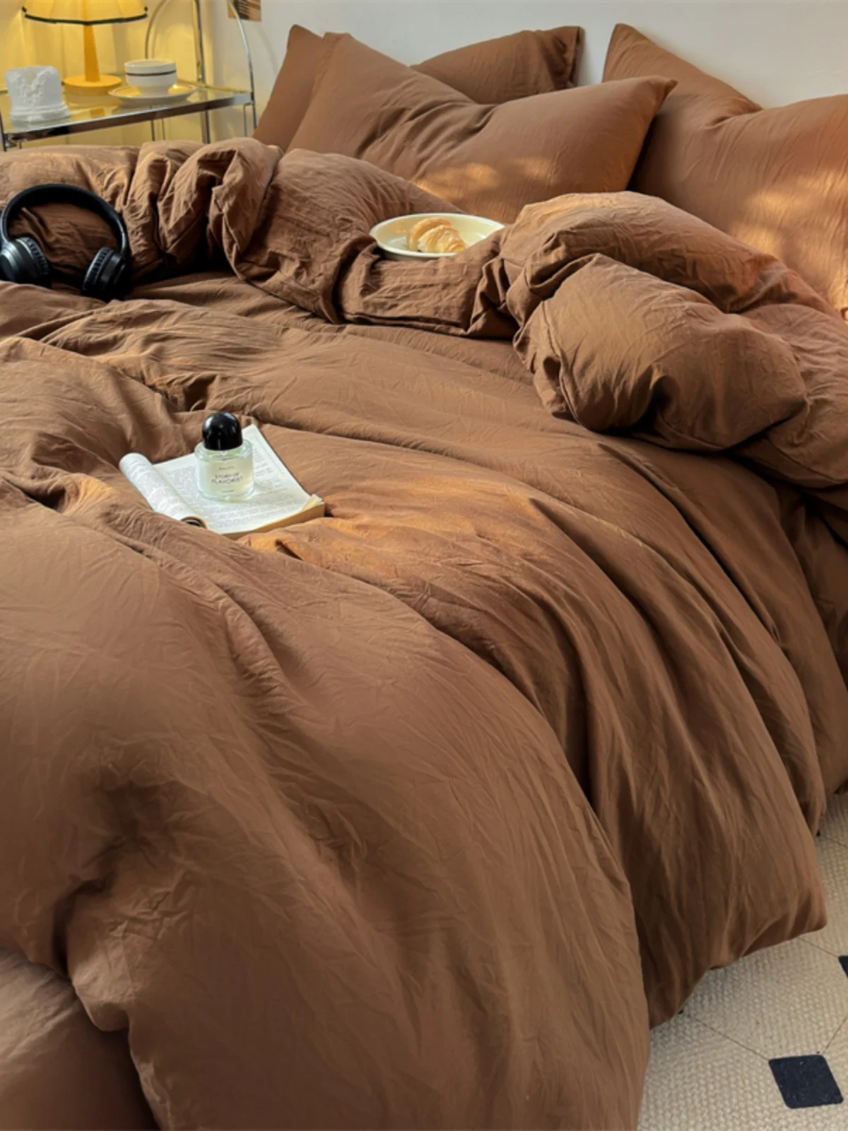 Soft Glutinous Skin-friendly Washed Cotton Quilt Cover Bed Sheet Three-Piece Set Simple Japan fashion Solid 200 X230 Double Q...