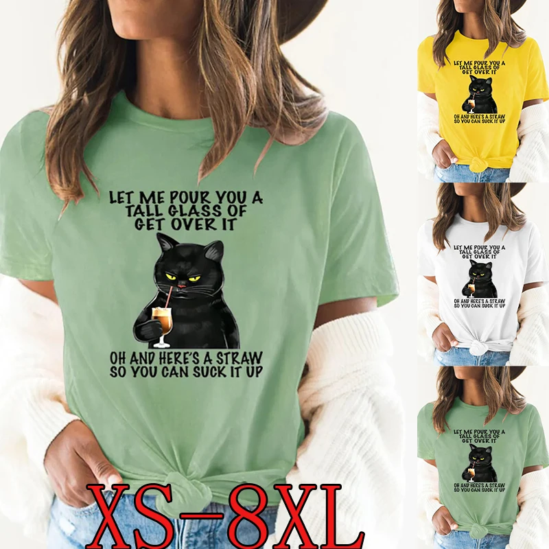 

Женская летняя футболка с коротким рукавом, круглым вырезом и принтом кошки