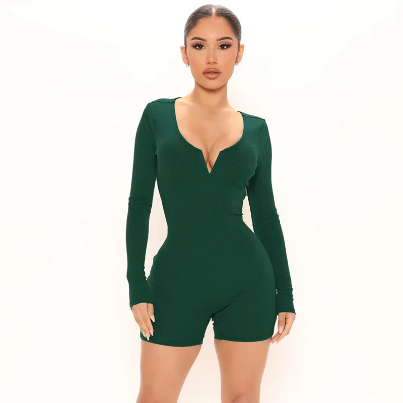 LEOSD Jumpsuites Woman Fashion Solid Knitting V-neck Long-sleeved Basic Simple Versatile Shorts Women Bodycon Jumpsuit Romper