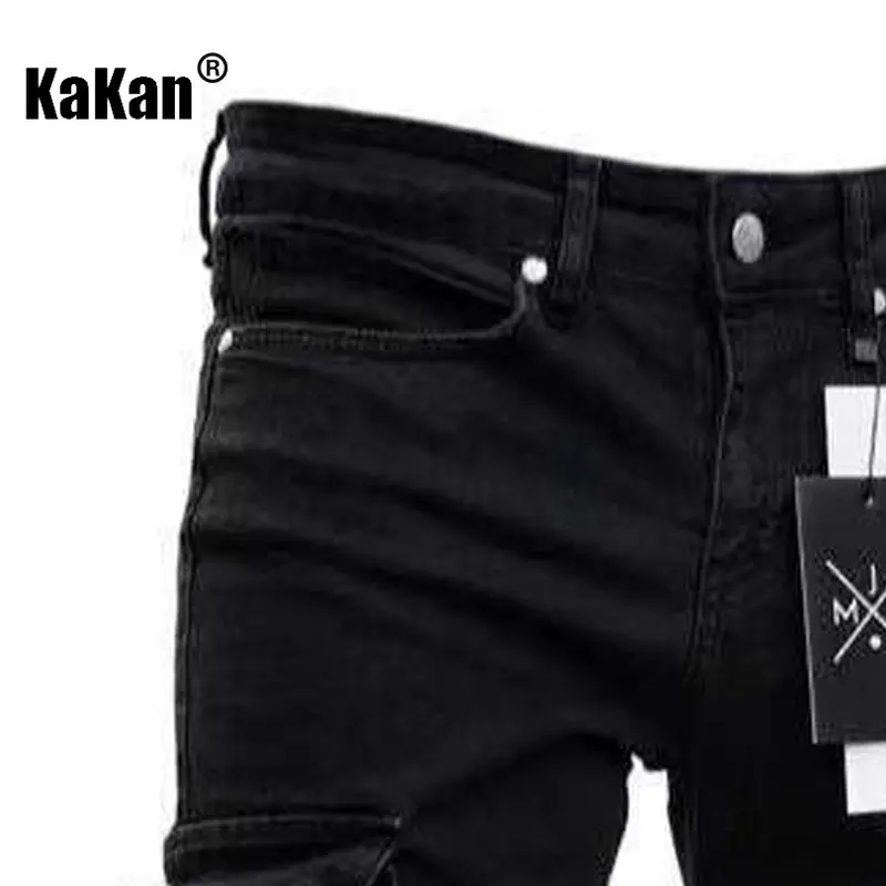 Kakan - European and American New Trend Knee Hole Broken Zipper Small Foot Jeans for Men, Elastic Side Pocket Long Jeans K45-829