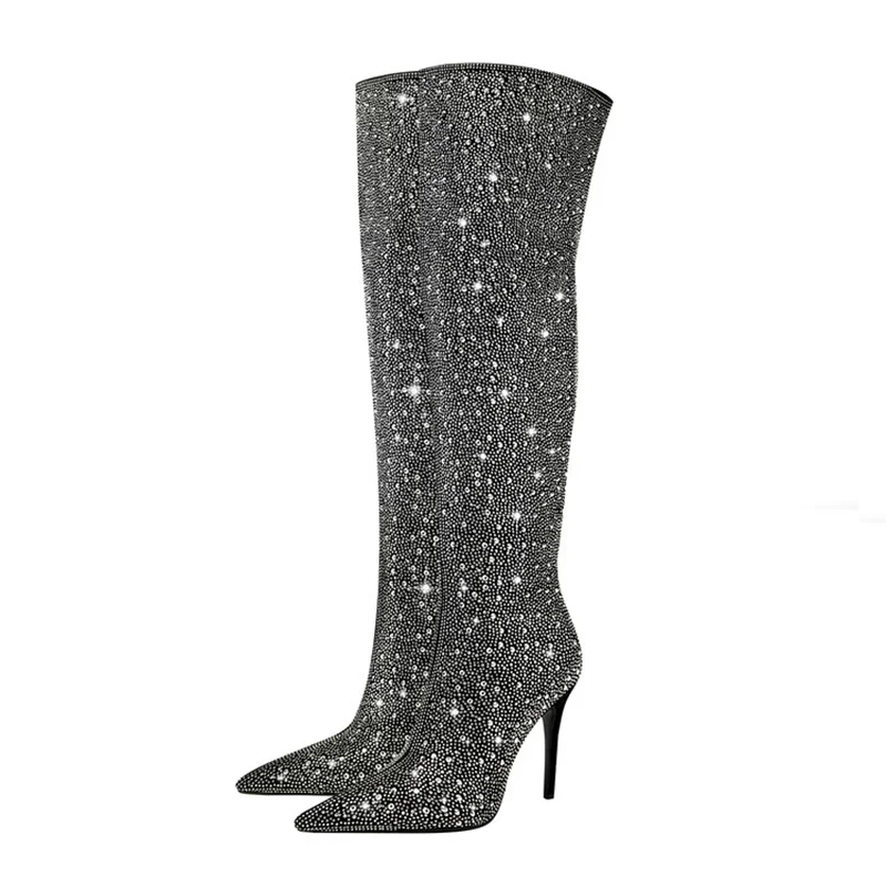 

2023 New Solid Color Rhinestone Women's High Boots Pointed Toe High Heels Female Shoes Sexy Novelty Ladies Over-the-knee Boots