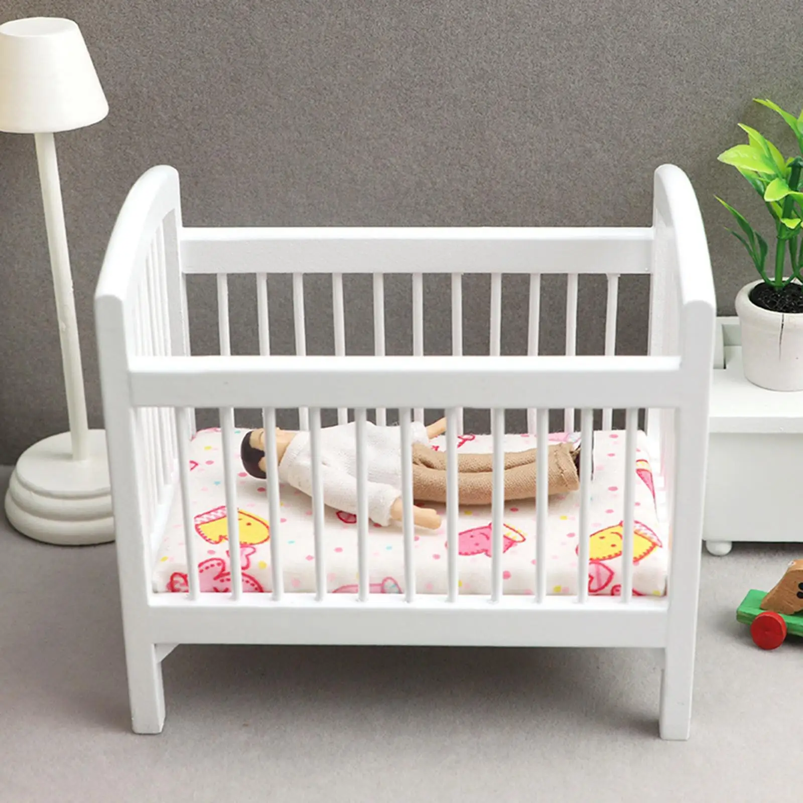 

Dollhouse Miniature Wooden Crib Furniture Set with Mattress for Dolls Decor