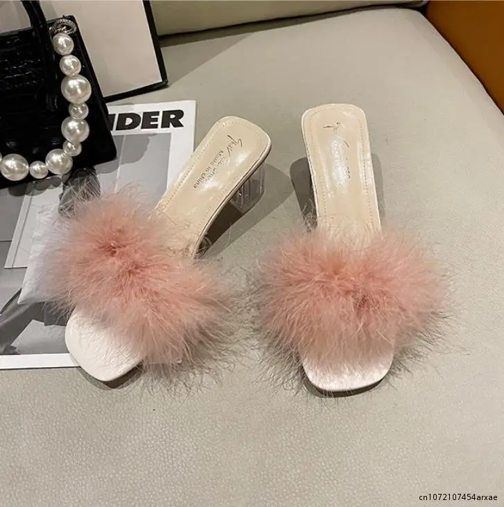 

New Summer Fluffy Peep Toe Sexy High Heels Women Shoes Fur Feather Lady Fashion Slip On 2023 Indoor House Slippers
