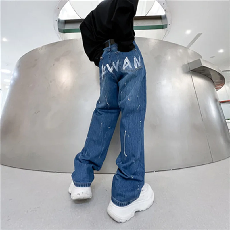 Men Jeans Loose Wide Leg Pants Graffiti Baggy Pants Men High Street Cool Male Denim Blue Trousers Korean Style Men Clothes Fall