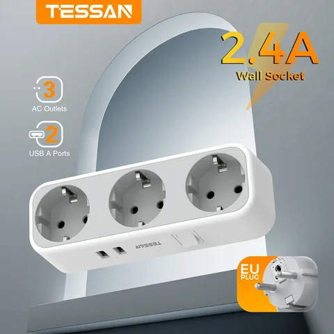 Розетка TESSAN Ladron 5-в-1 с переключателем, двумя розетками с 3 розетками и 2 USB-портами