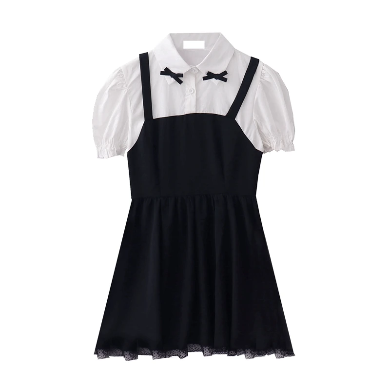 

Платье женское летнее с бантом, милое черное Мягкое платье с завышенной талией и коротким рукавом, в французском стиле ретро, милое платье-д...