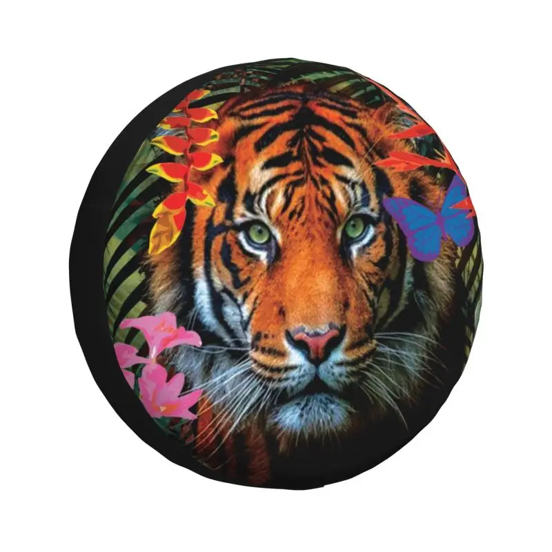 

Tropical Leaves Plants And Tiger Tire Cover 4WD 4x4 Trailer Wild Animal Spare Wheel Protector for Jeep Toyota Mitsubishi