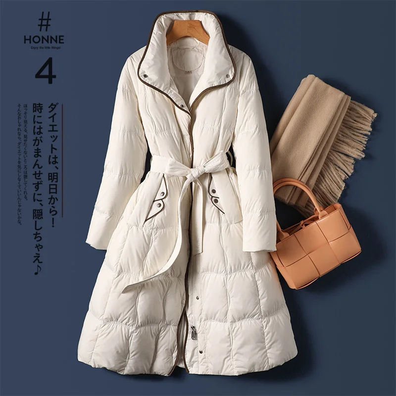 Top Fashion Design Thin 85%  White Duck Down Long Down Jacket Women  Office Lady  Adjustable Waist  Winter Coats Women