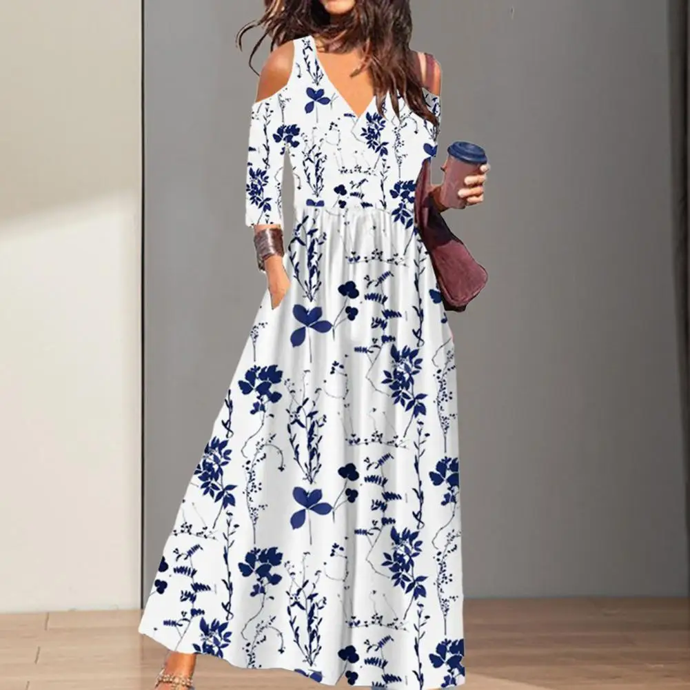 

Женское длинное платье-трапеция с цветочным принтом, глубоким V-образным вырезом, открытыми плечами и рукавом до локтя