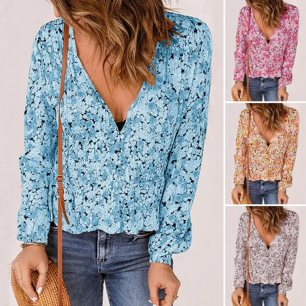 

Women Top V Neck Women Shirt Lady Autumn Floral Print Pullover Blouse