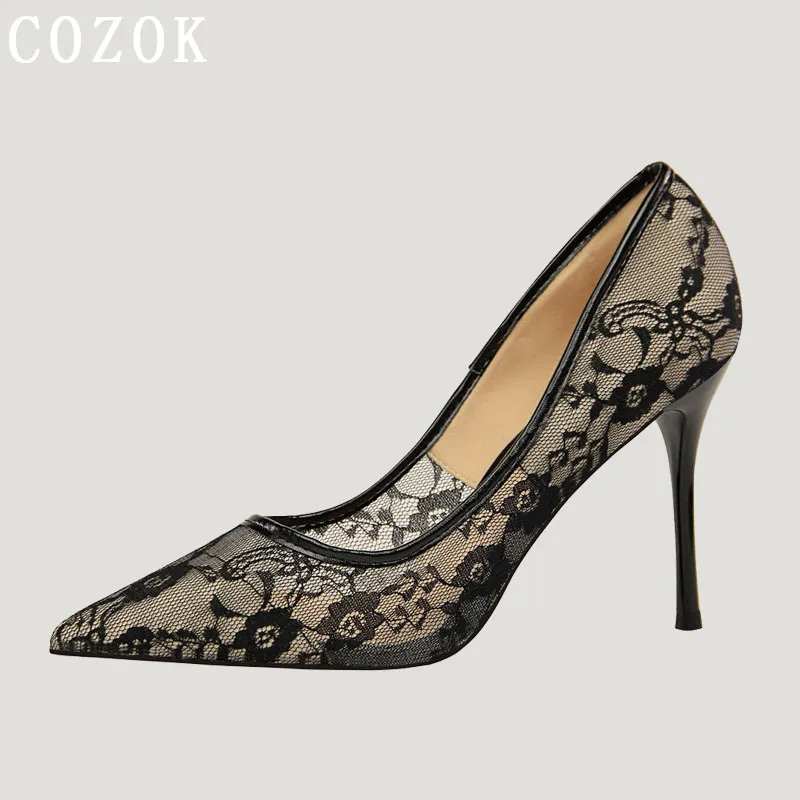 

New Sexy Pumps High Heels Women's Shoes Thin Heel Pointed Mesh Hollow Lace Women's Boot Sandals Single Shoes Heels Women Luxury