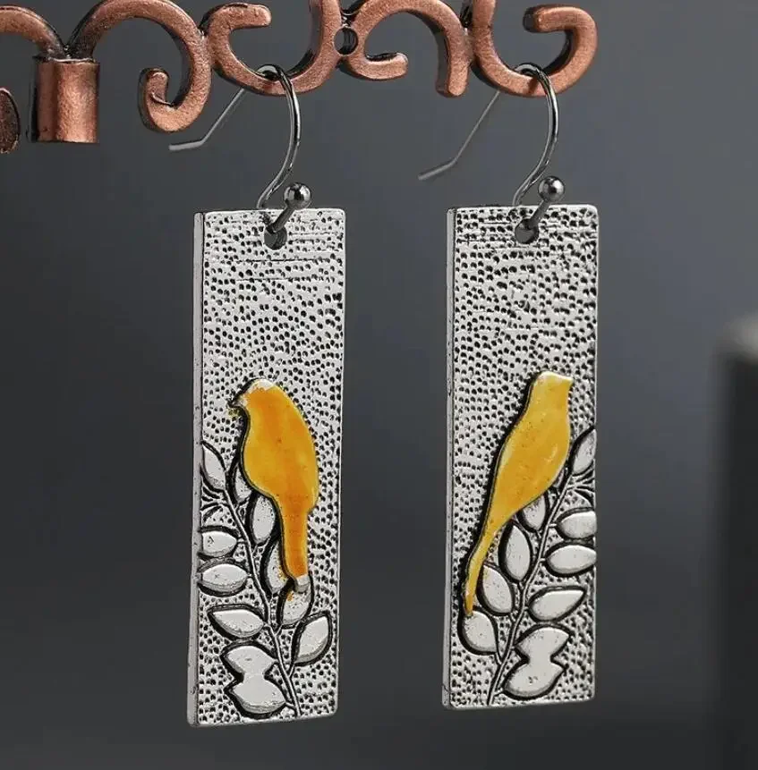 Ретро серебряные квадратные желтые серьги с птицами висячие для женщин вечерние