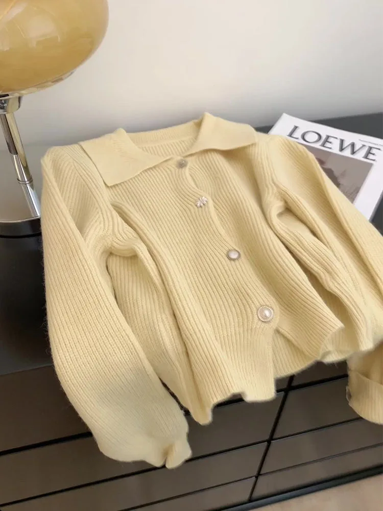 

Элегантные бежевые вязаные кардиганы во французском стиле, шикарный офисный Женский пуловер с воротником «Питер Пэн», однобортный осенне-зимний Кардиган с рукавами-фонариками