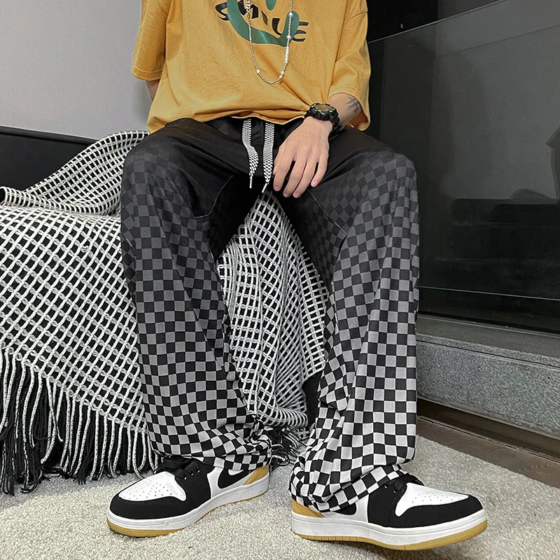 

Summer Thin Casual Pants Men Fashion Plaid Wide Leg Pants Men Korean Loose Straight Ice Silk Pants Mens Plus Size Trousers S-5XL
