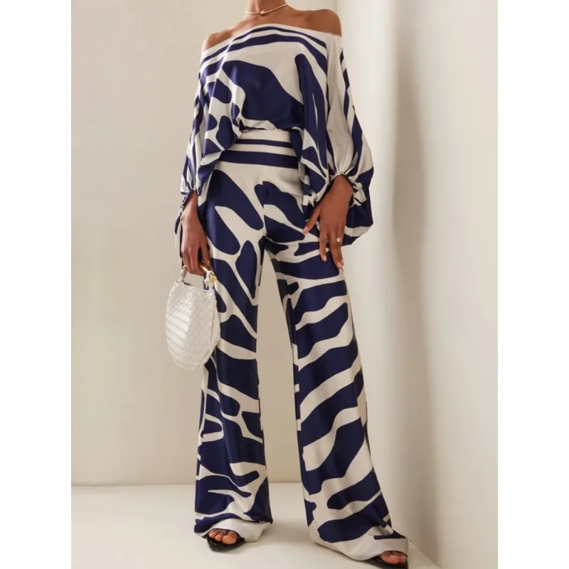 

Women Fashion Print Satin Suit Casual Lantern Sleeve Off Shoulder Top Wide Leg Pants Lady Chic Blouse Office Outfit 2 Piece Sets