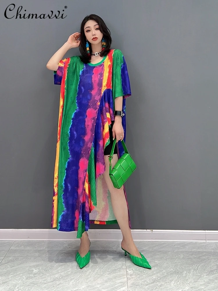 

European Style 2022 Summer Dresses New Fashion Loose Dress Lady Literature Slimming Loose Retro Korean Irregular Hem Dress