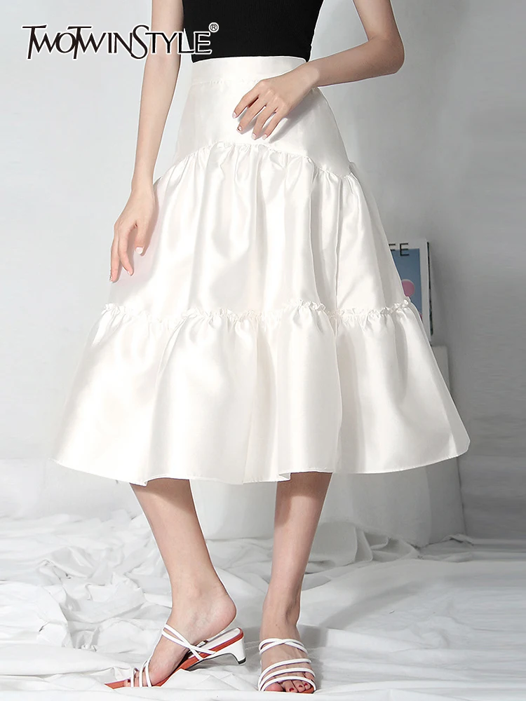 

TWOTWINSTYLE Elegant White Fashion Skirt For Women High Waist Loose Solid Minimalist Casual Long Skirts Female Summer Clothing