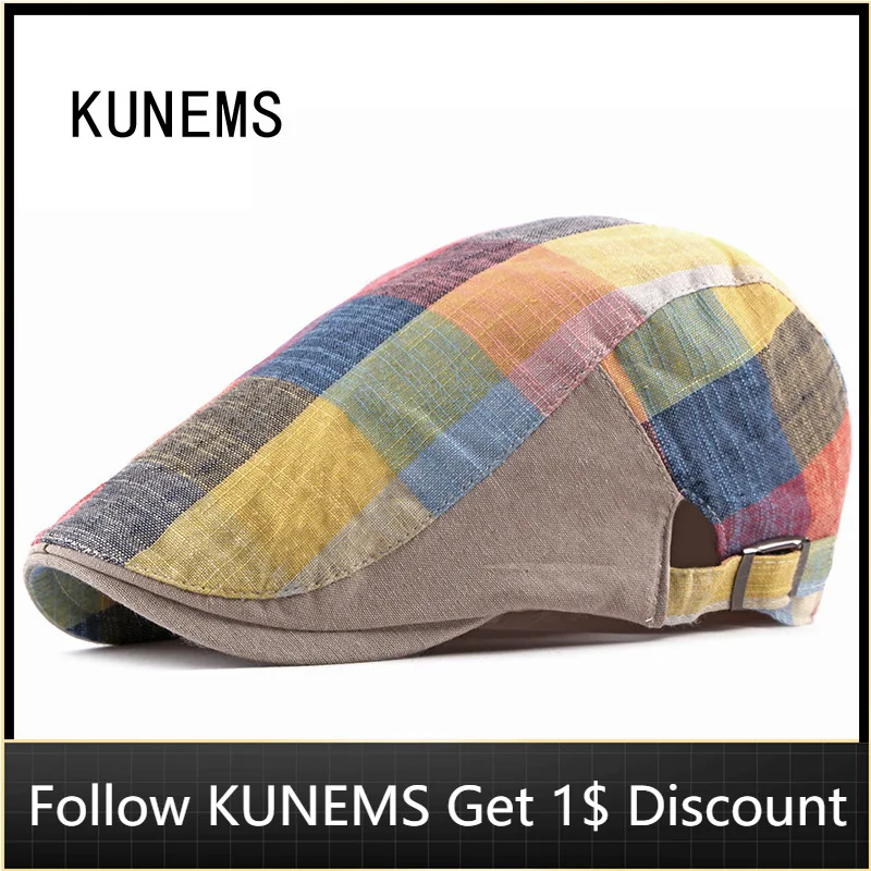 

KUNEMS Fashion Colorful Check Newsboy Cap Cotton Hats for Men Lightweight Breathable Beret Boina Decorate Flat Hat Unisex Gorros