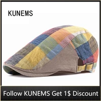 kunems fashion colorful check newsboy cap cotton hats for men lightweight breathable beret boina decorate flat hat unisex gorros