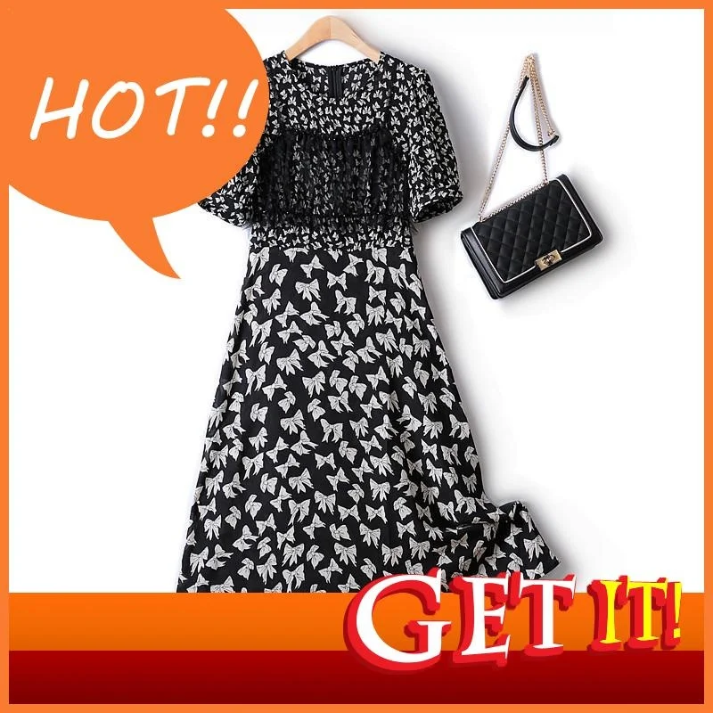 

Summer Dress 2023 New Women's Pinch Pleated Elastic Bow Print Over The Knee Thin And Slim Korean Fashion Chiffon Party Dresses