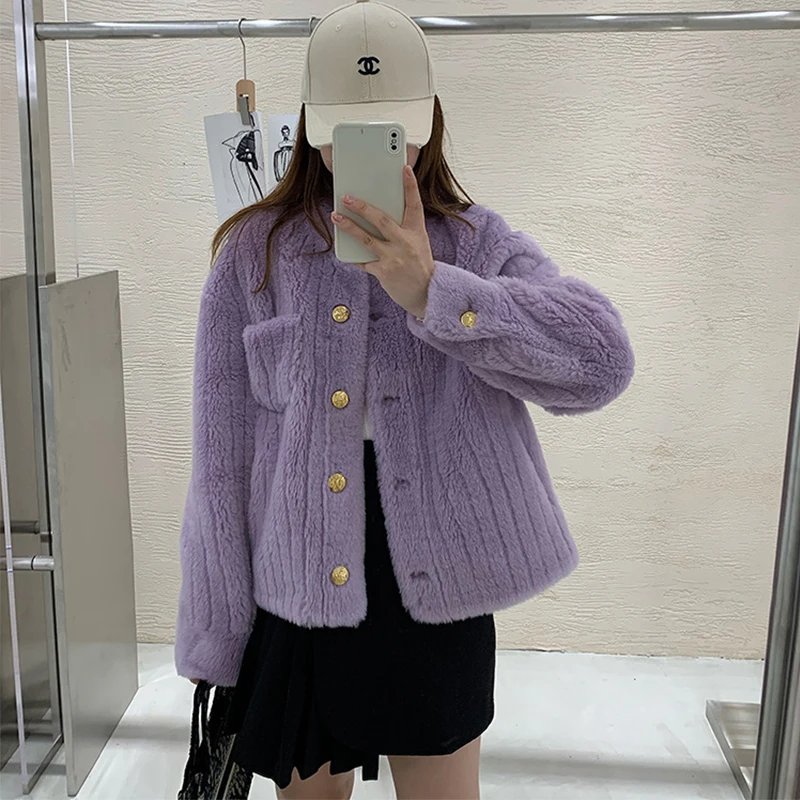 2022 Women Winter Short Jacket Girl's Real Fur Coat Natural Lamb Wool Thick Stand-up Collar Warm Pocket Streetwear Outerwear