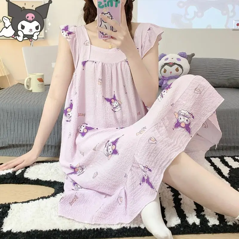 

Ночная рубашка Sanrio на бретелях для женщин, аниме Kuromi Kawaii, летняя и осенняя Пижама, хлопковая Милая Корейская версия для девушек и студенток