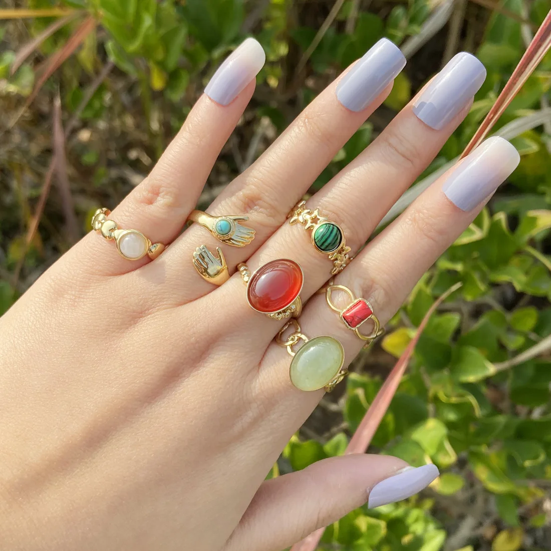 

Женские винтажные геометрические кольца, регулируемые кольца из нержавеющей стали с цветным натуральным камнем