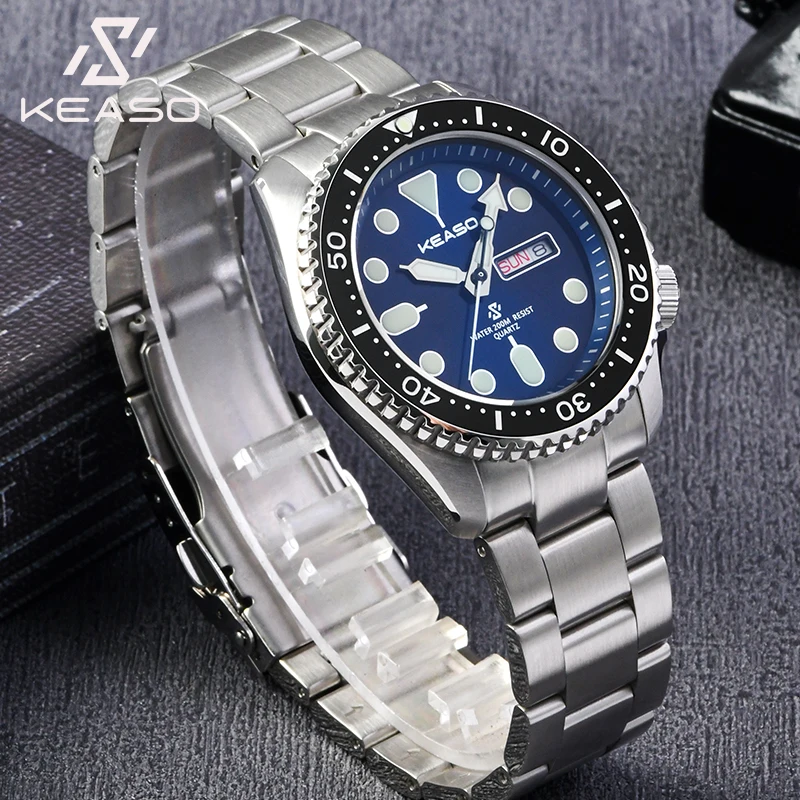 Фото KEASO модные мужские кварцевые часы с сапфировым стеклом и зеркалом MIYOTA 2105 кварцевый механизм светящаяся сталь 316L оригинальные мужские часы №1