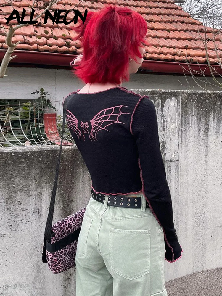 

ALLNeon Y2K Fairy Grunge Long Sleeve Stitching Crop Tops Pastel Gothic Aesthetics Wings Print Back O-neck Graphic Baby Tee Black