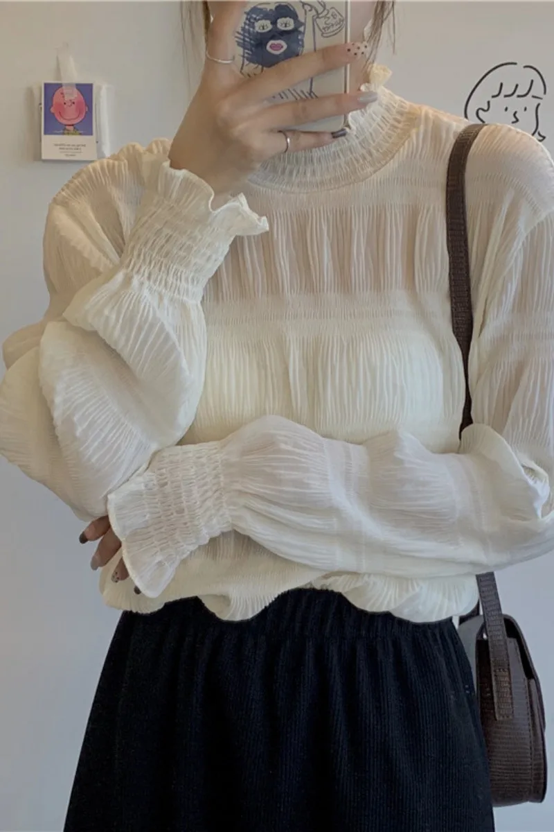 Spring and Summer Chiffon Shirt Top with Female Autumn and Winter Fungus Half-high Collar Long-sleeved Mesh Lace Bottoming Shirt